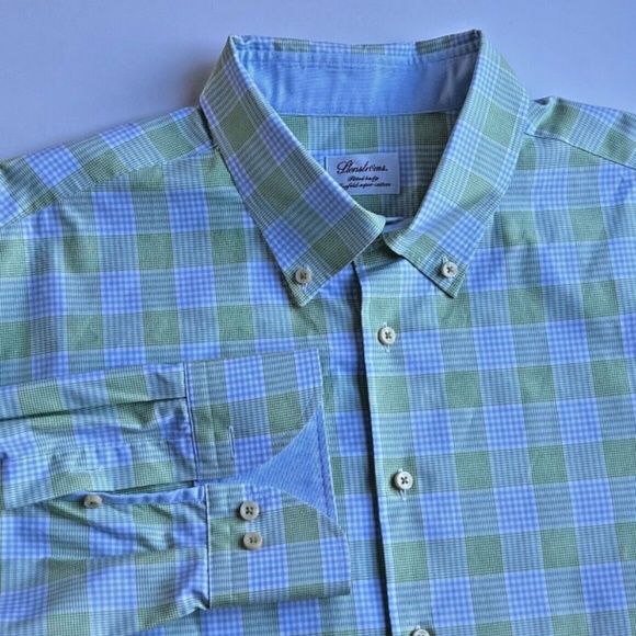 Stenstroms fitted body green & blue checkered 2 fold cotton shirt Sz 19/ 48 - Picture 5 of 10